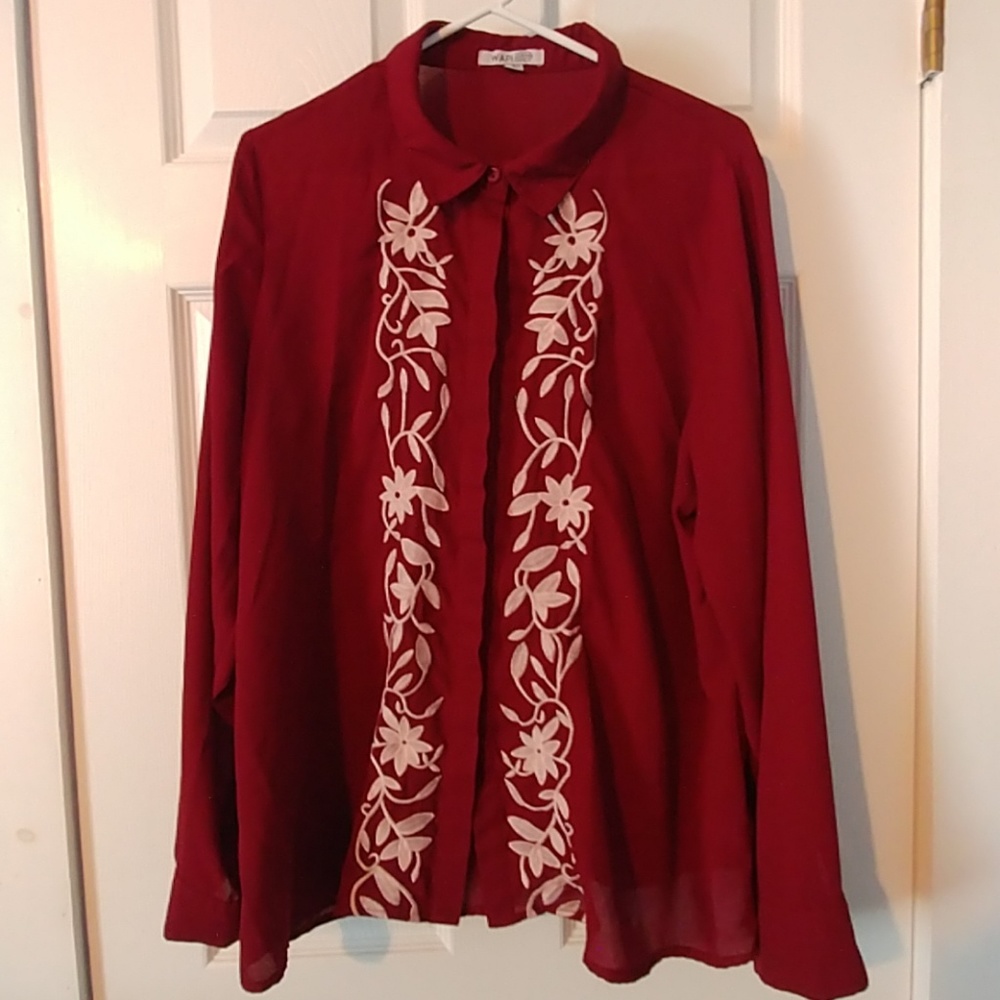 Burgundy Embroidered Button-down Blouse 2X NWOT